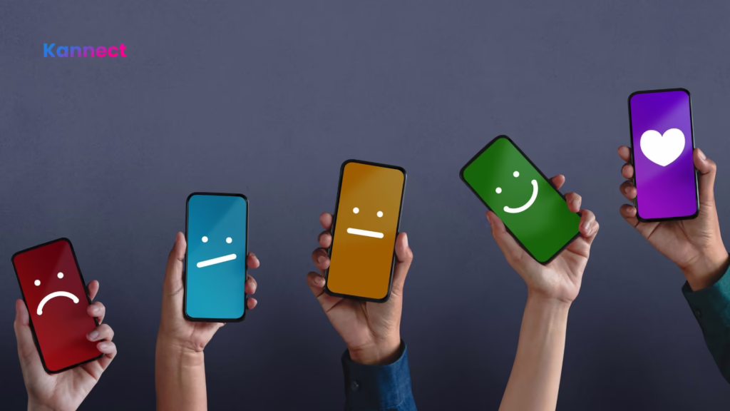Shows smartphones with happy to sad and love emotions feedback - Community Strategy on Kannect