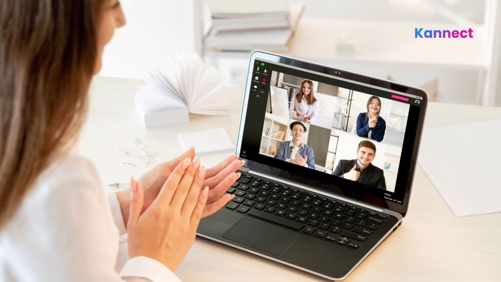 Member engagement is seen as woman speaks with community members virtually