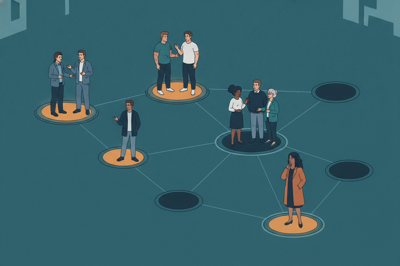 alumni chapter engagement: three busy lit platforms among five dark empty ones