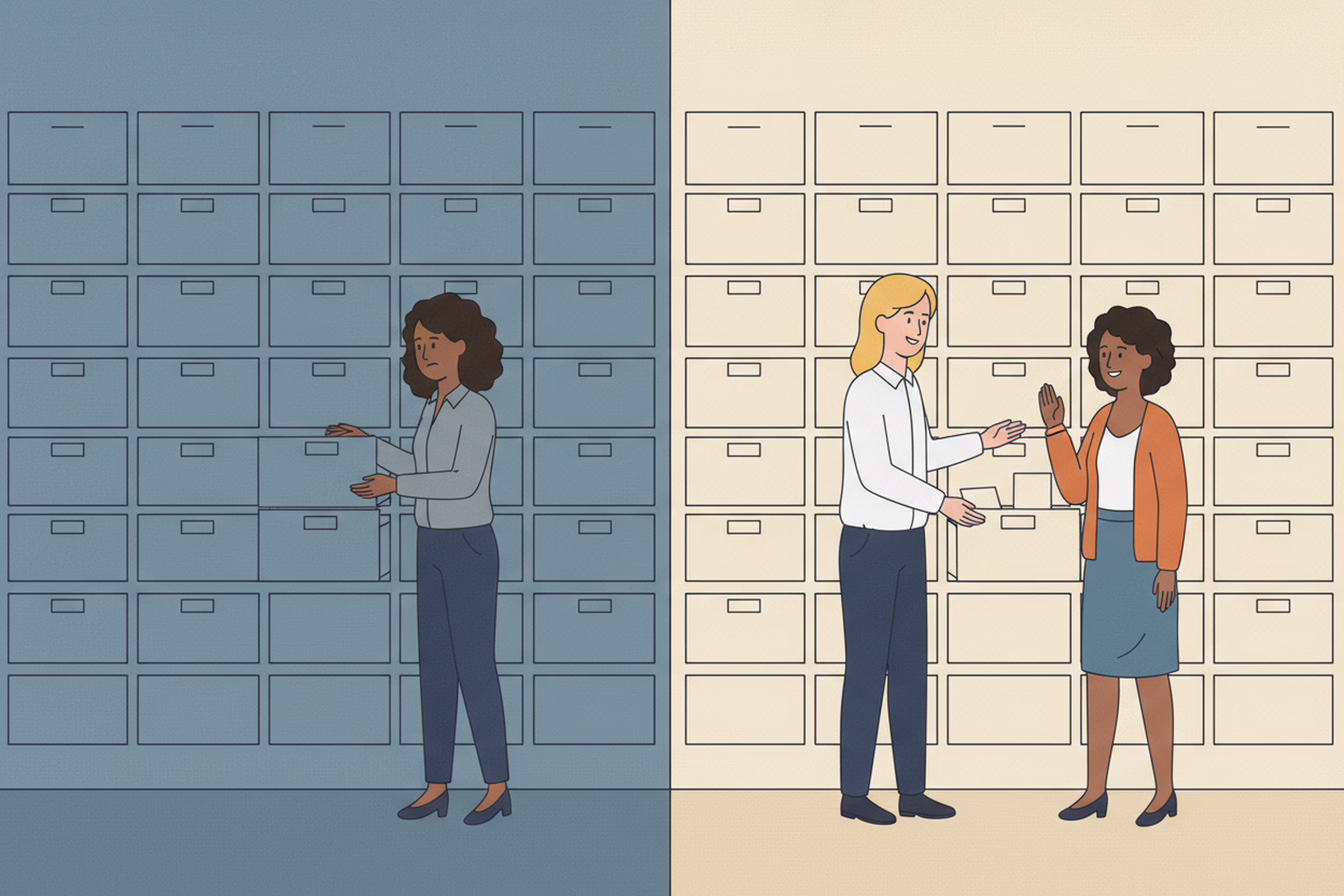 community platform glossary: a wall of unmarked drawers beside the same drawers with labels