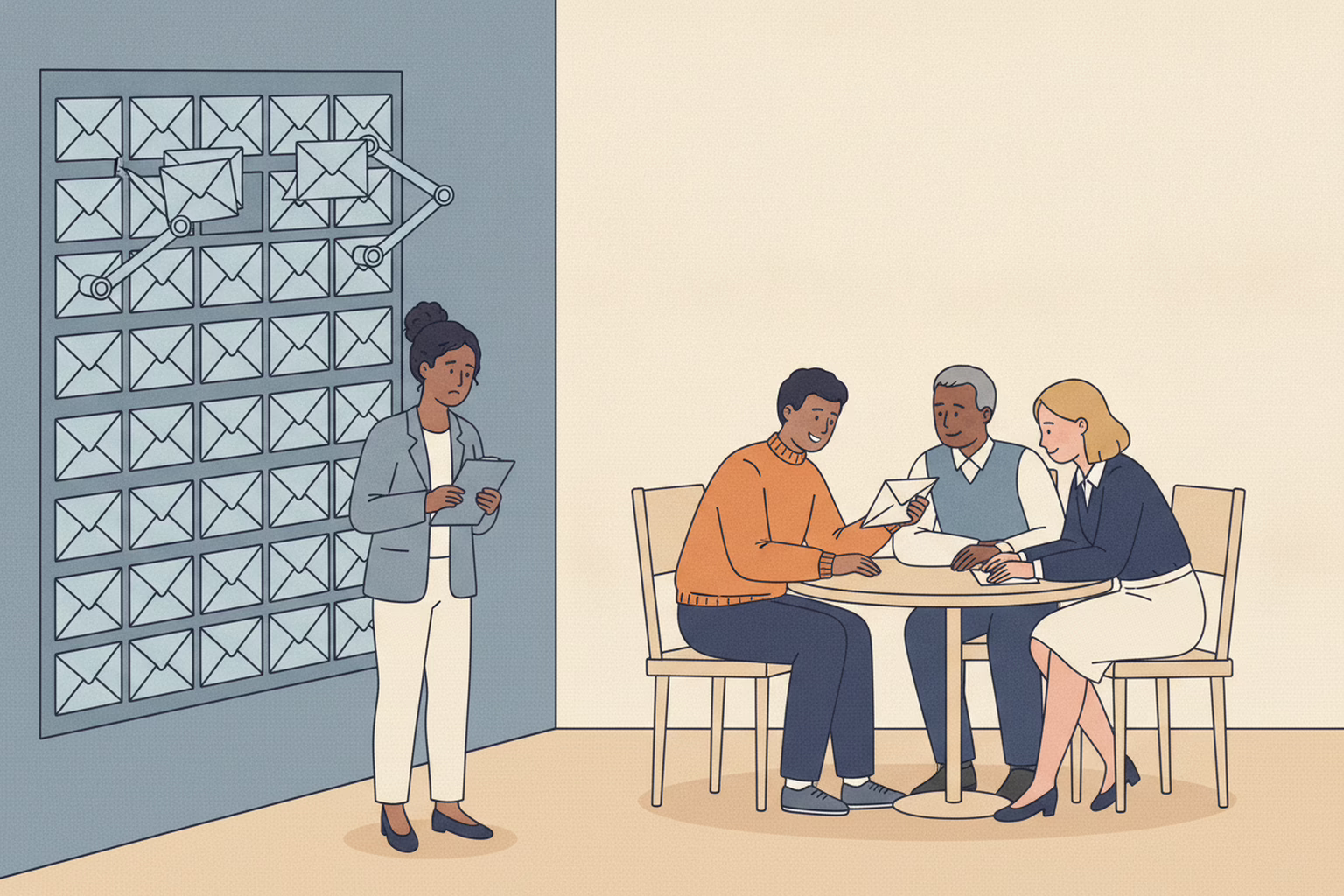 nonprofit email open rates: mechanical arms flipping envelopes open with no one there, beside three people reading one letter
