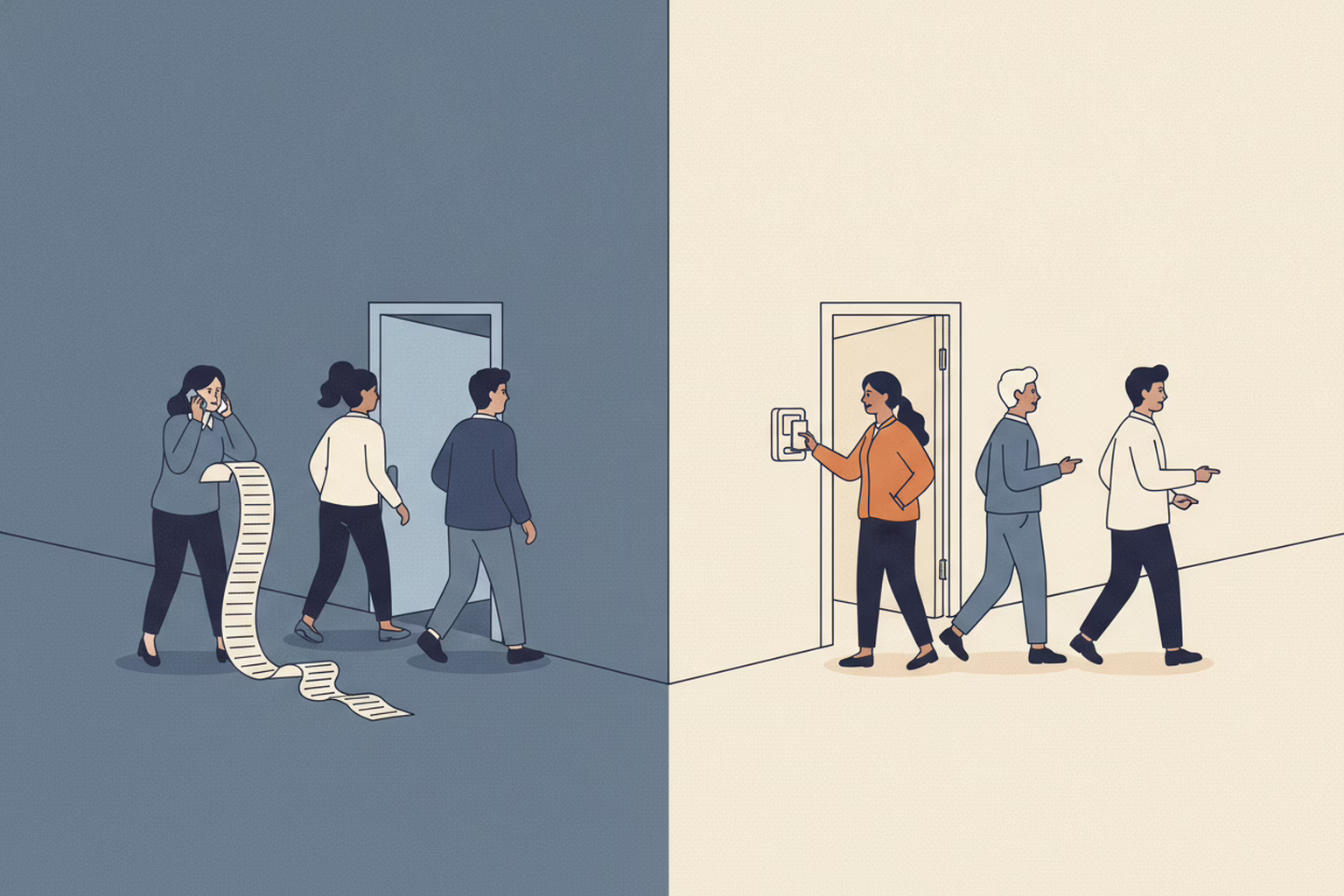 how to collect membership dues: a volunteer chasing people with a long paper list beside members tapping a reader on the way past