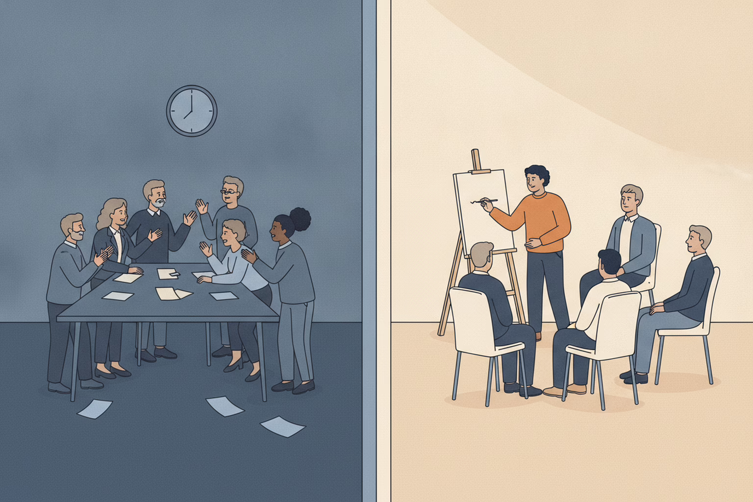how to run a community meeting: a crowded table where everyone talks at once beside a small circle watching one decision written down