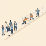 meetup alternatives: a group waiting at a gap in a footbridge while someone reaches back to help them across