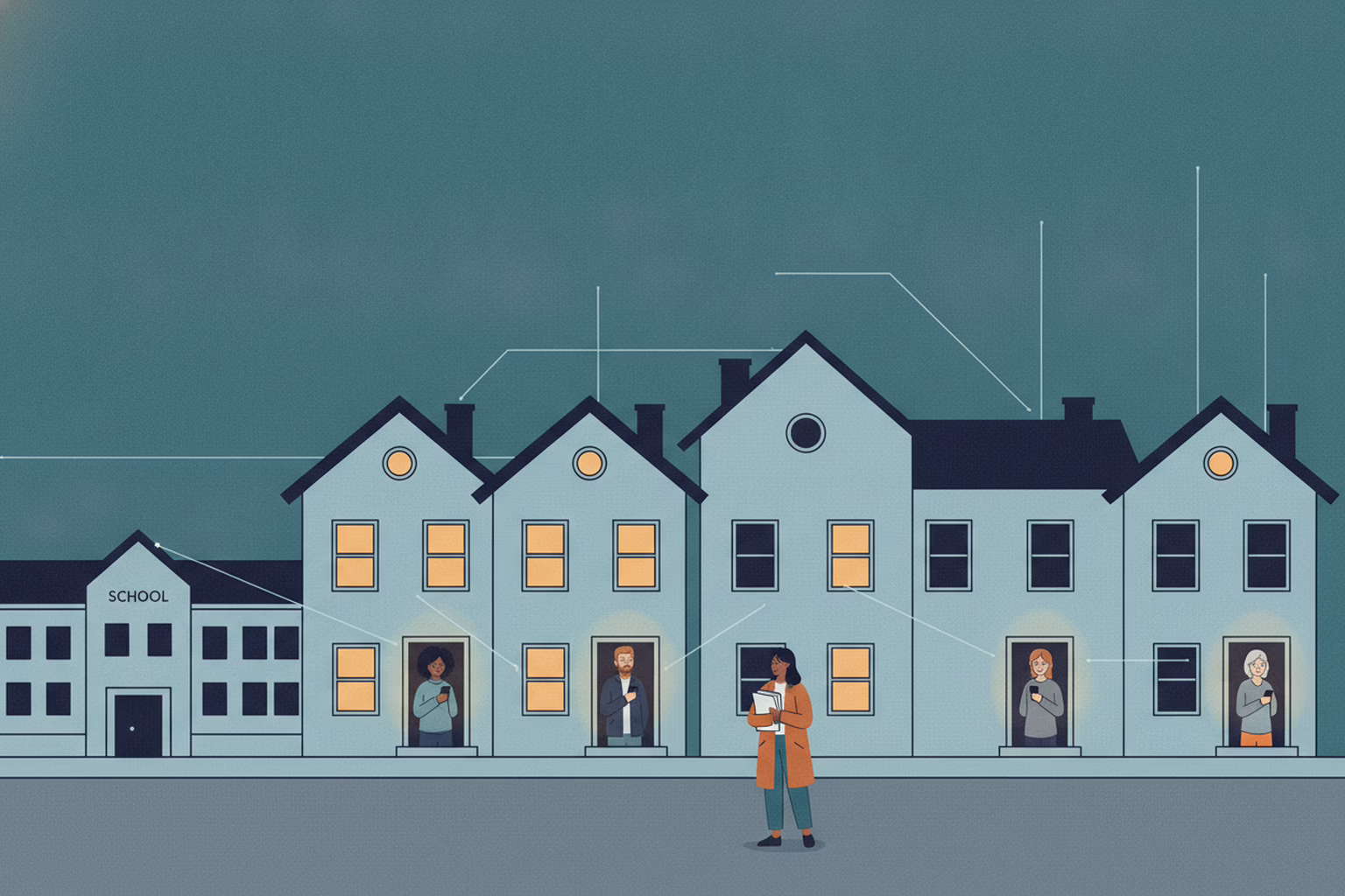 pta communication: a street where some homes are lit and others dark, with lines from the school stopping short