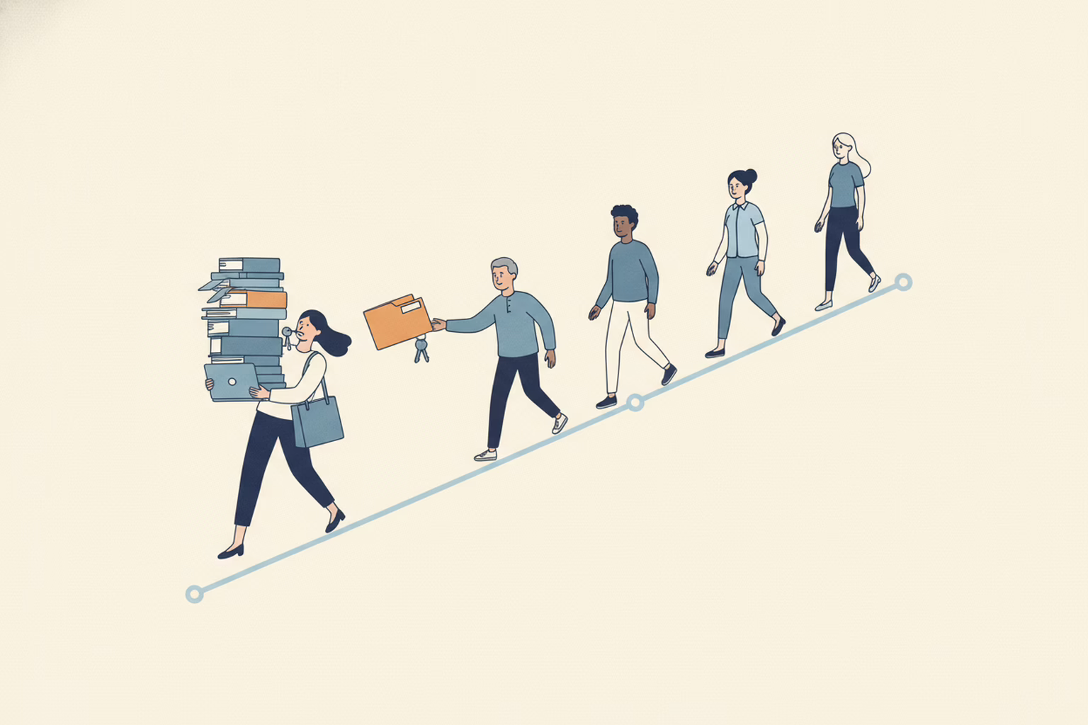 volunteer run organization: one person carrying everything at the front of a line while others walk up empty handed