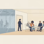 support group software: an exposed glass-walled hall beside a small closed room where five people sit in a circle