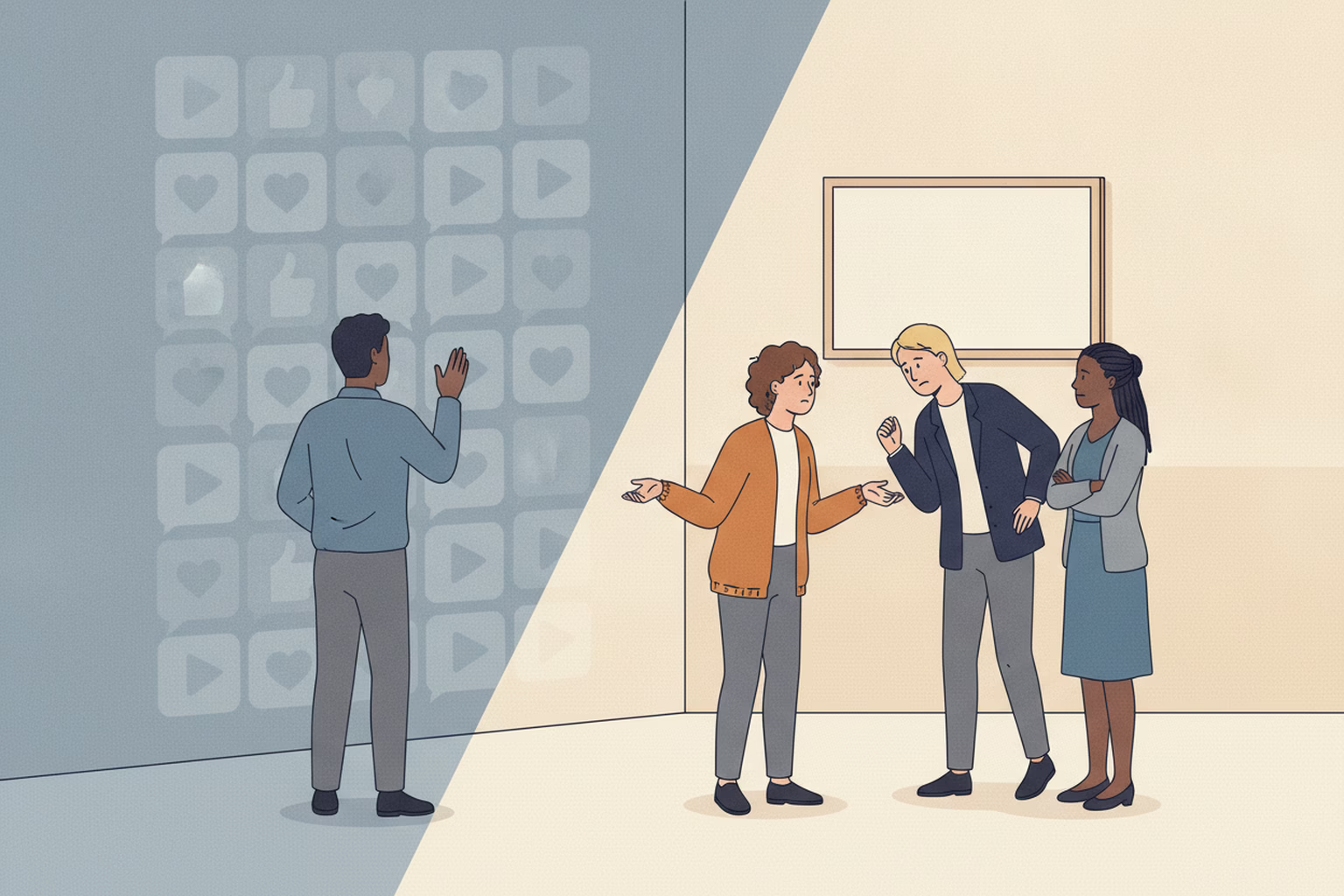 facebook group reach: a wall of social media icons beside a blank notice board people are questioning