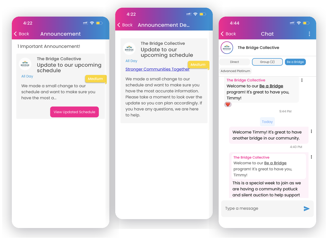 Three screens of the Kannect app: the announcements list, an announcement in full, and a group message thread