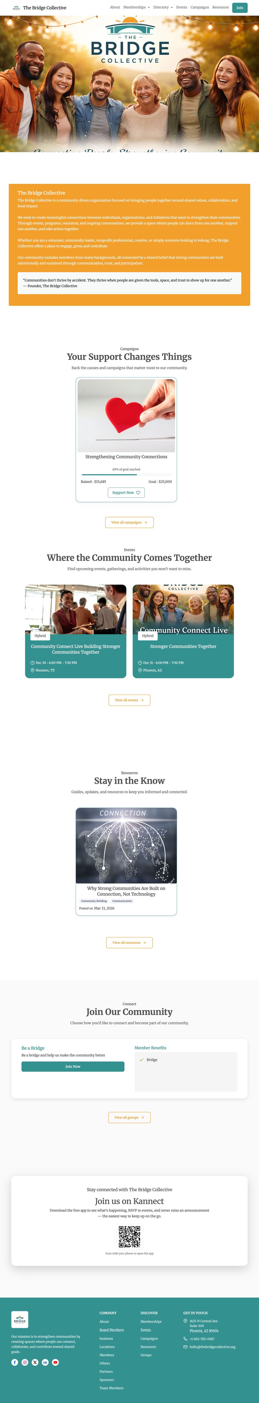 The Bridge Collective public community site on Kannect, showing events, articles and ways to get involved