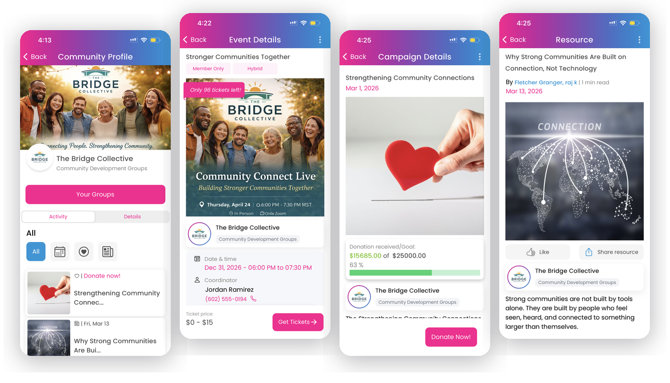 Four screens of the Kannect member app: an organization profile, an event with tickets, a fundraising campaign, and a published resource
